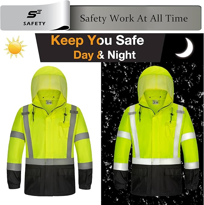 High Vis Rain Jacket, Rain Suits for Men Waterproof with Black Bottom, Class 3 Rain Coats for Men Interior Mesh, High Visibility Rain Gear, Removable Hood Orange (4XL/5XL)