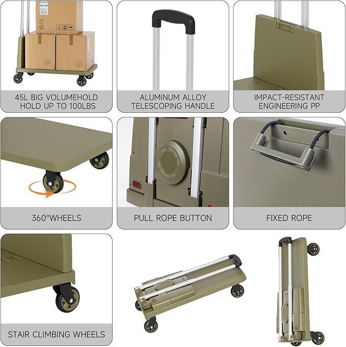 Collapsible Wagon Cart Heavy-Duty 330 lbs Capacity: Foldable Utility Cart with All-Terrain Wheels for Groceries/Beach/Camping, Rolling Crate Hand Truck Dolly with Platform Utility Trolley Cart,Green
