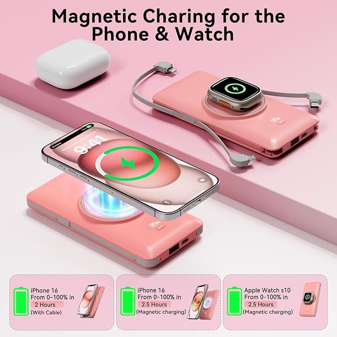 Magnetic 10000mAh Portable Charger for iWatch & iPhone, 22.5W USB C Fast Charging Wireless Power Bank Built-in Cables and Wall Plug, External Travel Battery Pack Compatible with iOS Android Devices