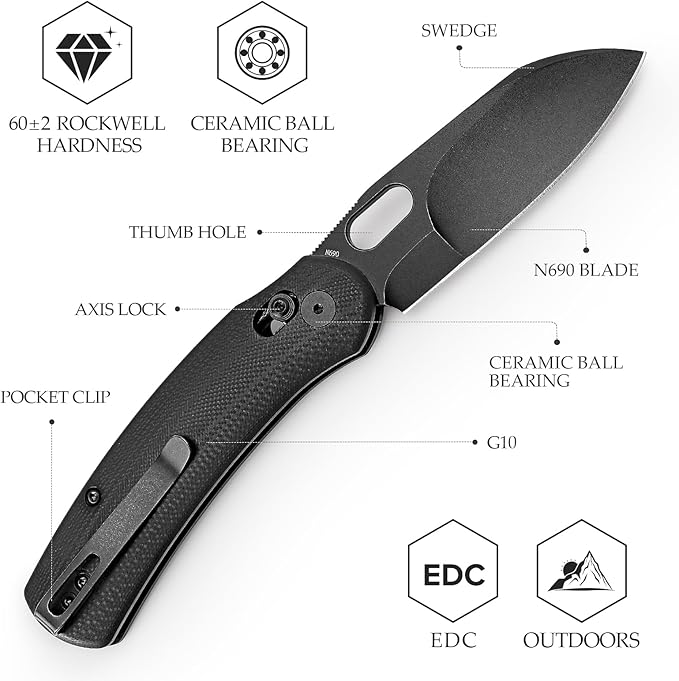 Lamb-03B, Folding Pocket Knife for Men, Crossbar Lock,3” N690 Steel Blade,Black G10 Handle,Outdoor Camping EDC Tool