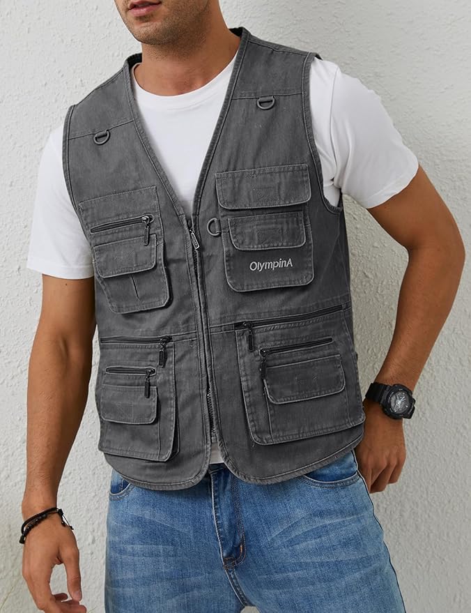 Gihuo Men's Fishing Vest Casual Utility Travel Safari Cargo Outdoor Work Photo Fly Vest Jacket with Multi Pockets