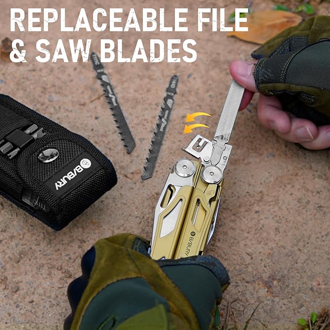 BIBURY Multitool Pliers Pro BI2045, Foldable Multitools with Replaceable Wire Cutters and Saw, Stainless Steel Multi Tool w/Upgraded Scissors and Screwdriver Set, Ideal for Camping, Hiking, Survival