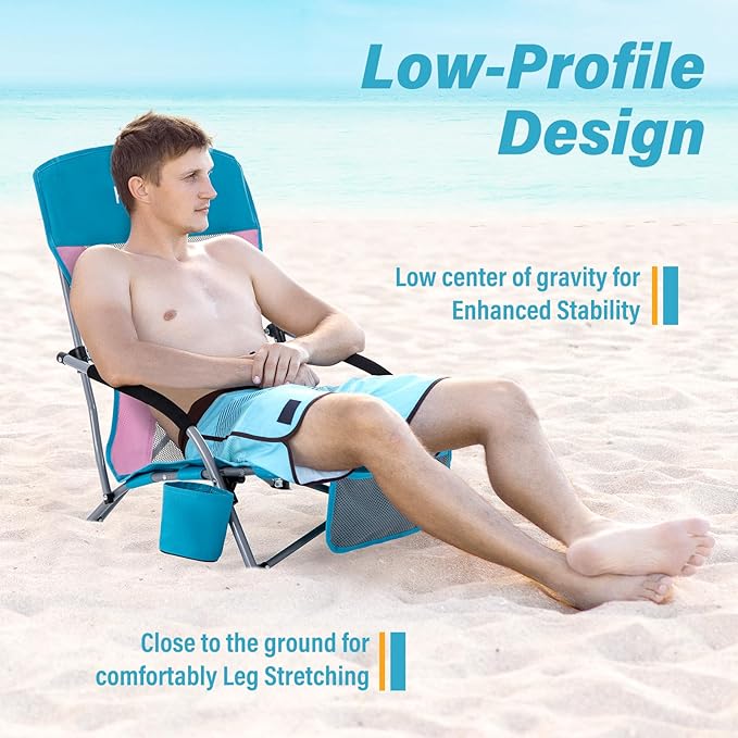Homcosan Portable Low Folding Beach Chair - Lightweight Camping Chair for Adults with Cup Holder & Storage Pocket, Carry Bag Included (Blue & Pink)