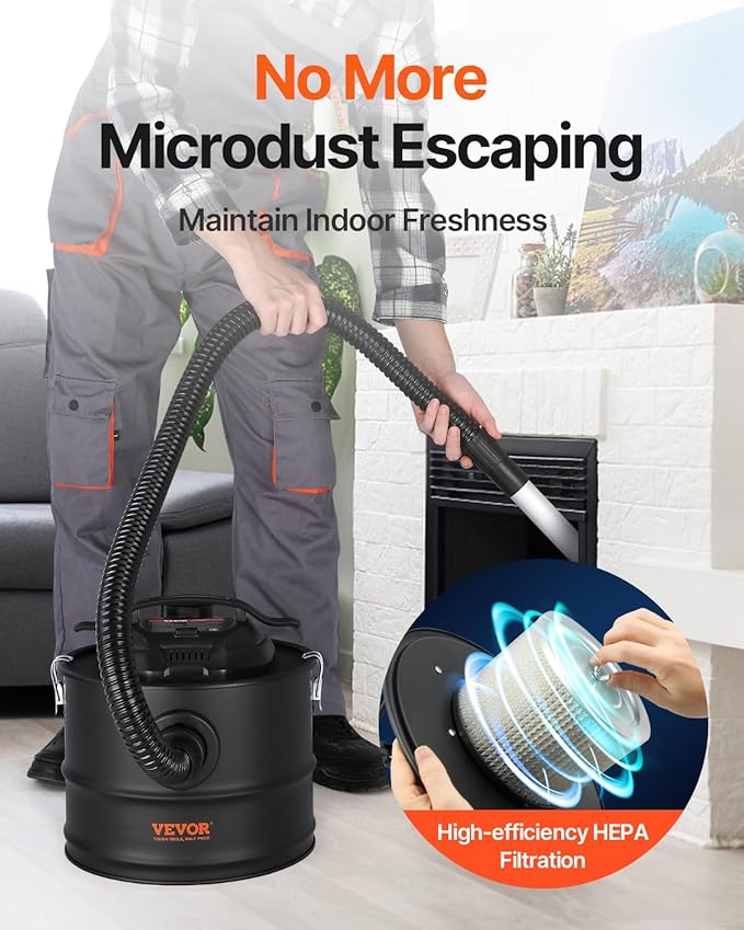VEVOR Ash Vacuum Cleaner 4 Gallon with 1200W Strong Suction Ash Vac Collector with Wheels and 47.2-in Flexible Hose for Grills Fireplaces Pizza Ovens Log Burner Pellet Stoves Wood Stove