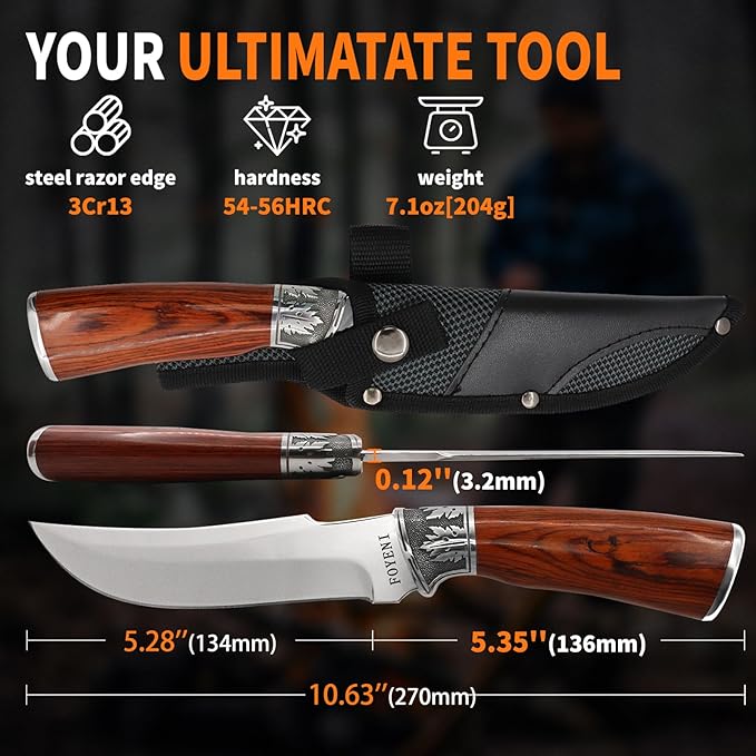 Hunting Knife with Sheath,5.28" Stainless Steel Blade,Camping Fixed Blade Knife with Pakkawood Wood Handle for Survival,Bushcraft,Fishing,Outdoor,Hiking