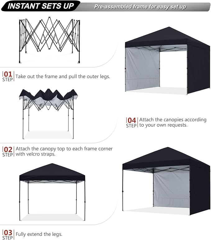 ABCCANOPY Easy Pop up Canopy Tent with 2 Sidewalls for Outdoor Sun Blocking or Rain Protection, 8x8, Black