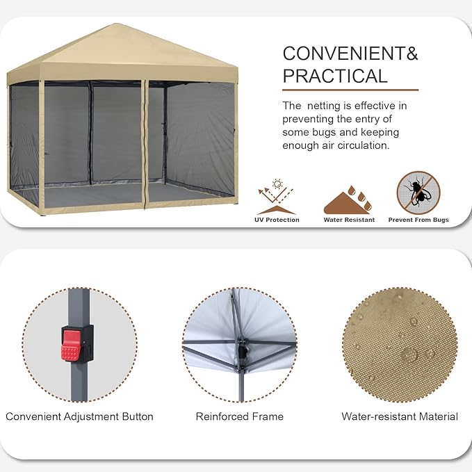 MASTERCANOPY Pop-Up Easy Setup Outdoor Canopy with Netting Screen Walls (8x8, Beige)