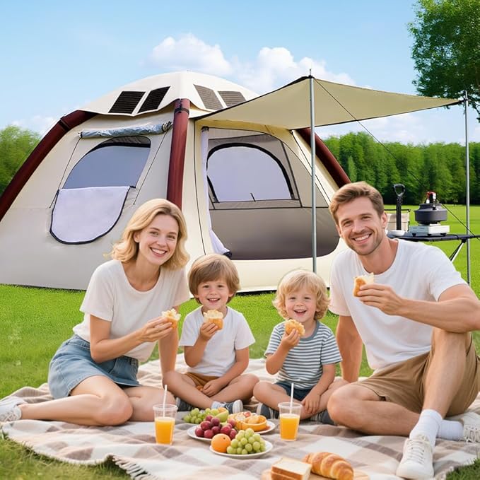 Cow-HQUS Camping Tents 4 Person, Pop Up Tents for Camping, Family Auto-Inflating Instant Pop Up Folding House with Screen Porch, Dome Large Inflatable Tents for Camping/Hiking/Beach(Solar Tent)