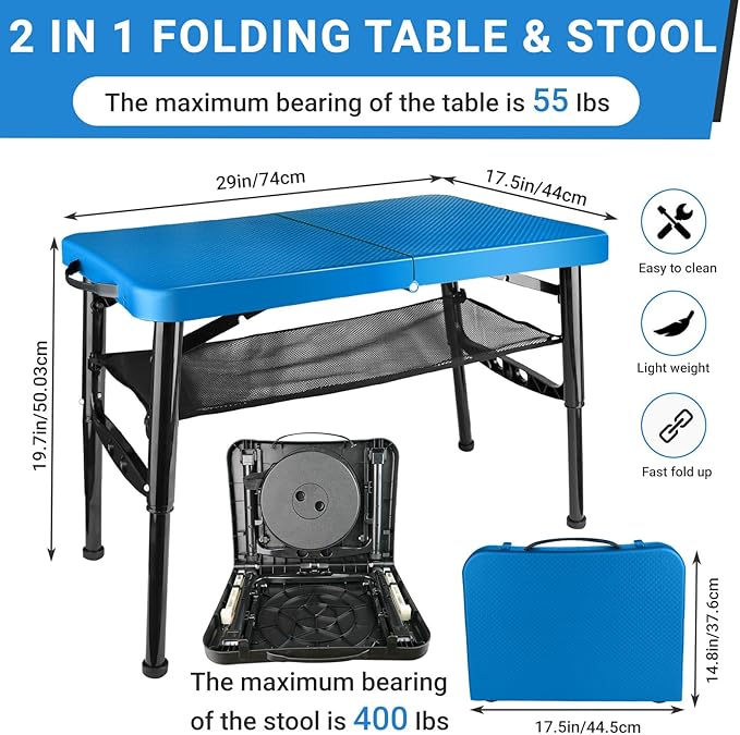 Portable Folding Table and Stool Set, Lightweight Foldable Table & Collapsible Stool for Camping Picnic Beach Fishing, Sturdy Small Outdoor Table with Mesh Layer Storage- Blue