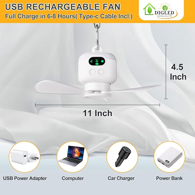 Battery Operated Ceiling Fan: 11" Portable Camping RV Tent Fan with Lights - Outdoor Hanging Rechargeable 8000mAh - Hook Type Remote Fans for Gazebo Patio Canopy Beach Dormitory Bedroom 5V/2A