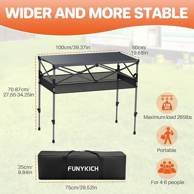 FUNYKICH Folding Camping Table(L39.4''xW19.7''), Aluminum Roll-up Portable Picnic Table with 2 Adjustable Height, Large Storage and Carrying Bag for Picnic, Camping, BBQ, Party, Backyard, Beach