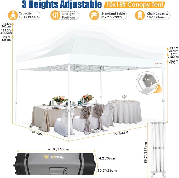 HOTEEL 10x15 Pop up Canopy Tent for Parties, Heavy Duty Easy Setup Tent with 4 Sidewalls, Outdoor Commercial Instant Gazebo for Wedding Event, with Roller Bag & Sand Bags, White(Hexagonal Frame)
