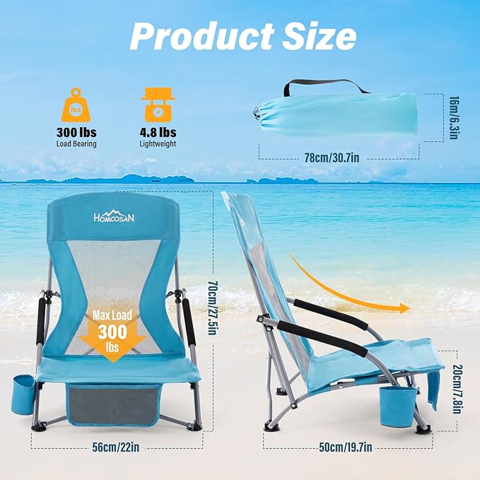 Homcosan Portable Low Folding Beach Chairs Set of 2 - Lightweight Camping Chairs for Adults with Cup Holder & Storage Pockets, Carry Bag Included (Blue)