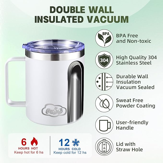 12oz Insulated Coffee Mug with Handle, Stainless Steel Wide Mouth Travel Tumblers with Lid, Double Wall Vacuum Coffee Cup for Camping, Office, White 4 Pack