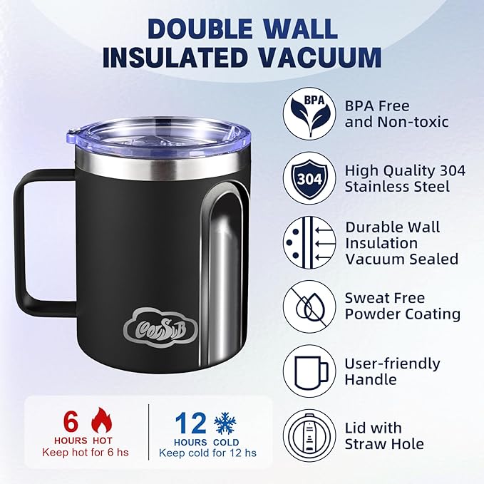 12oz Insulated Coffee Mug with Handle, Stainless Steel Wide Mouth Travel Tumblers with Lid, Double Wall Vacuum Coffee Cup for Camping, Office, Black 4 Pack