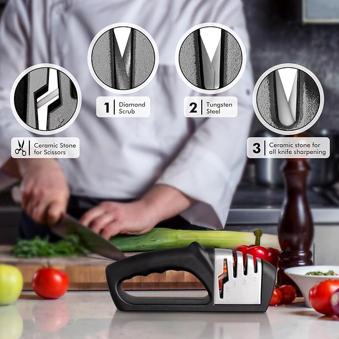 HOTEC 4in1 Knife Sharpener, 3 Stage Manual Sharpener for Sharpening Kitchen Knives 1 Stage for Scissors- Ceramic Stone, Tungsten Carbide Plates, Diamond rods