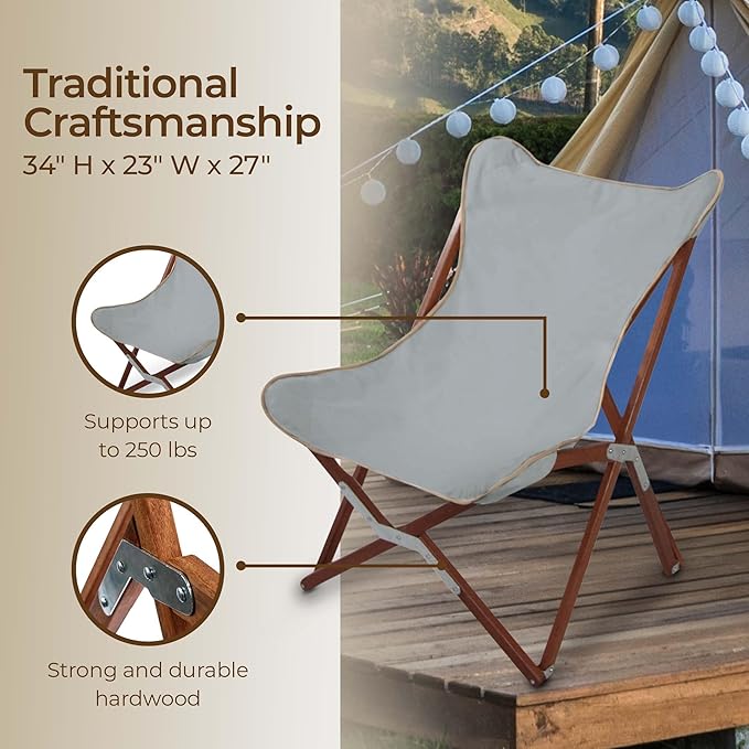 BYER OF MAINE Pangean Butterfly Chair, Easy-Fold Hardwood Sling Chair – Portable Beach, Camping & Patio Seat – 34″H × 23″W × 27″D in Granite