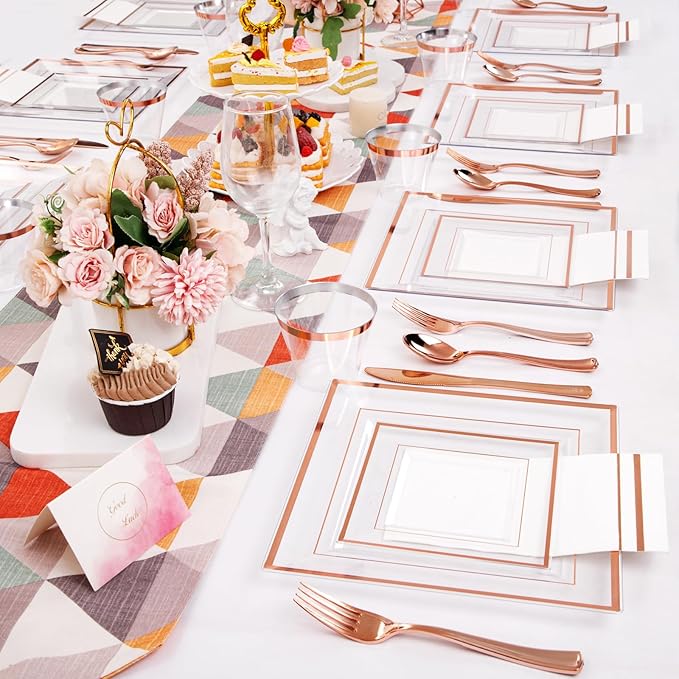 Festiva 350Pcs Rose Gold Plastic Plates - Clear Rose Gold Disposable Dinnerware Sets for 50Guests include 100 Plates 50 Cups 50Plastic Cutlery 50Napkins Perfect for Party&Wedding&Mother's Day