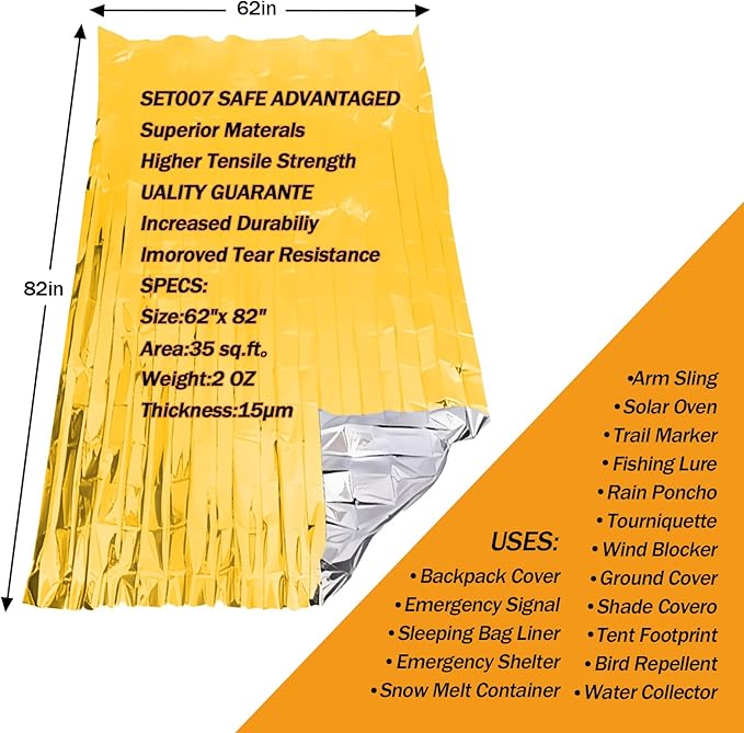12-Pack Emergency Mylar Thermal Blankets, 82"x62" Space Blankets Foil Blanket, XL Camping Blanket for Outdoors, Hiking, Survival kit, Bug Out Bag,Marathons or First Aid, Golden