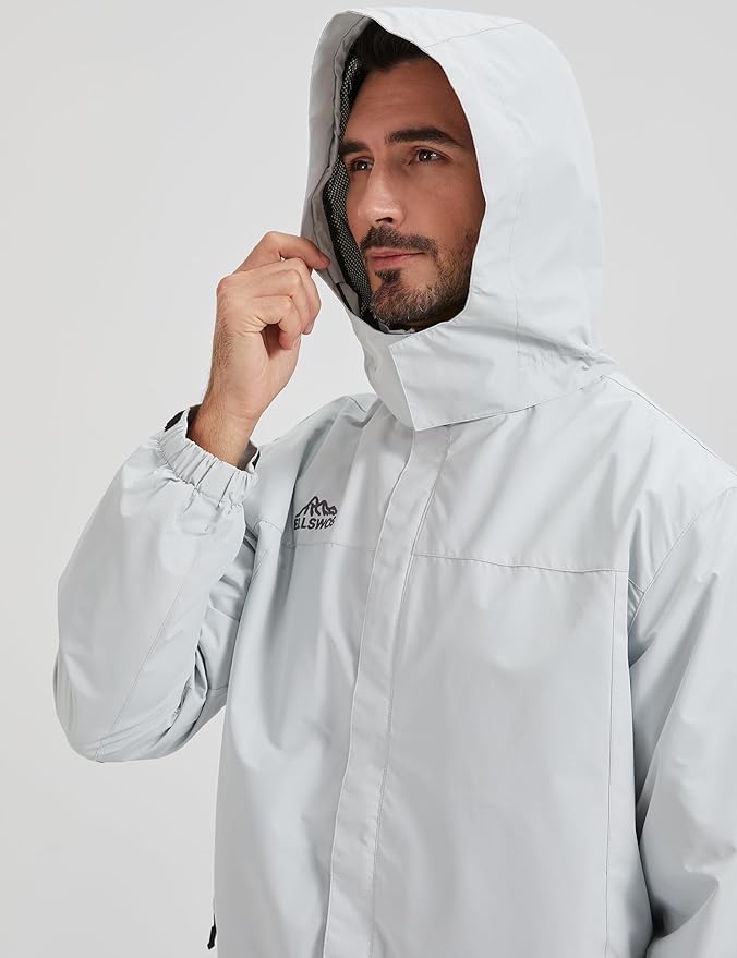ELLSWOS Men's Waterproof Raincoat Lightweight Rain Jacket with Detachable Hood Softshell Windbreakerl for Hiking Travel