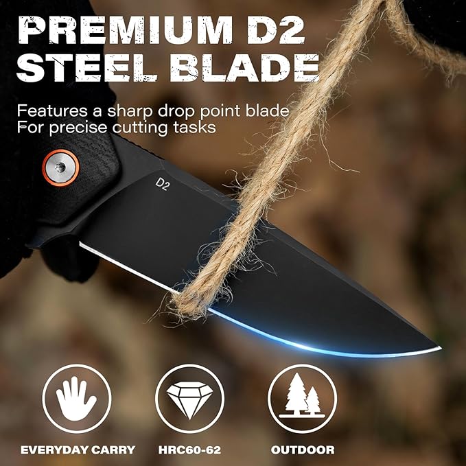 Dispatch Black Pocket Knife with Clip, 3.29" D2 Steel Drop Point Blade and G10 Handle EDC Knife-Front Flipper Pocket Knife for Men Women,Sharp Hiking Hunting Survival Camping Folding Knives.