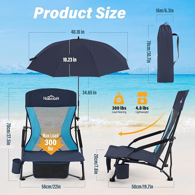 Homcosan Portable Low Folding Beach Chairs Set of 2 with Detachable Umbrellas - Lightweight Camping Chairs for Adults with Cup Holder & Storage Pockets, Carry Bag Included (Navy & Blue)