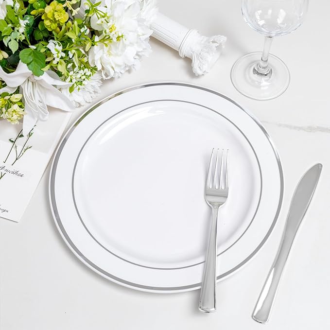WELLIFE 144 Pieces Silver Plastic Dessert Plates, 7.5 inch Disposable Salad Plates, Premium White Appetizer Plates with Silver Rim, Ideal for Party, Wedding