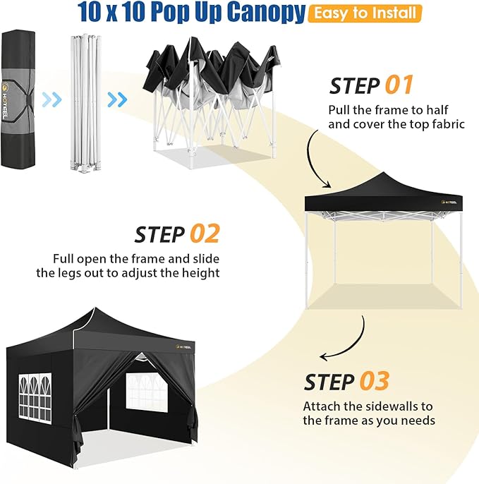 HOTEEL 10x10 Pop up Canopy Tent for Parties, Heavy Duty Easy Setup Tent with 4 Sidewalls, Outdoor Commercial Instant Gazebo for Wedding Event, with Portable Bag & Sand Bags, Black(Hexagonal Frame)