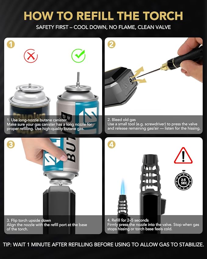 TBTeek Butane Torch Lighter - Adjustable Jet Flame Lighter, Blow Torch, Refillable Bright Fire Torch, Cooking Torch with Safety Lock for Kitchen, BBQ, Baking, Candle, Camping, Black (Gas Not Included)