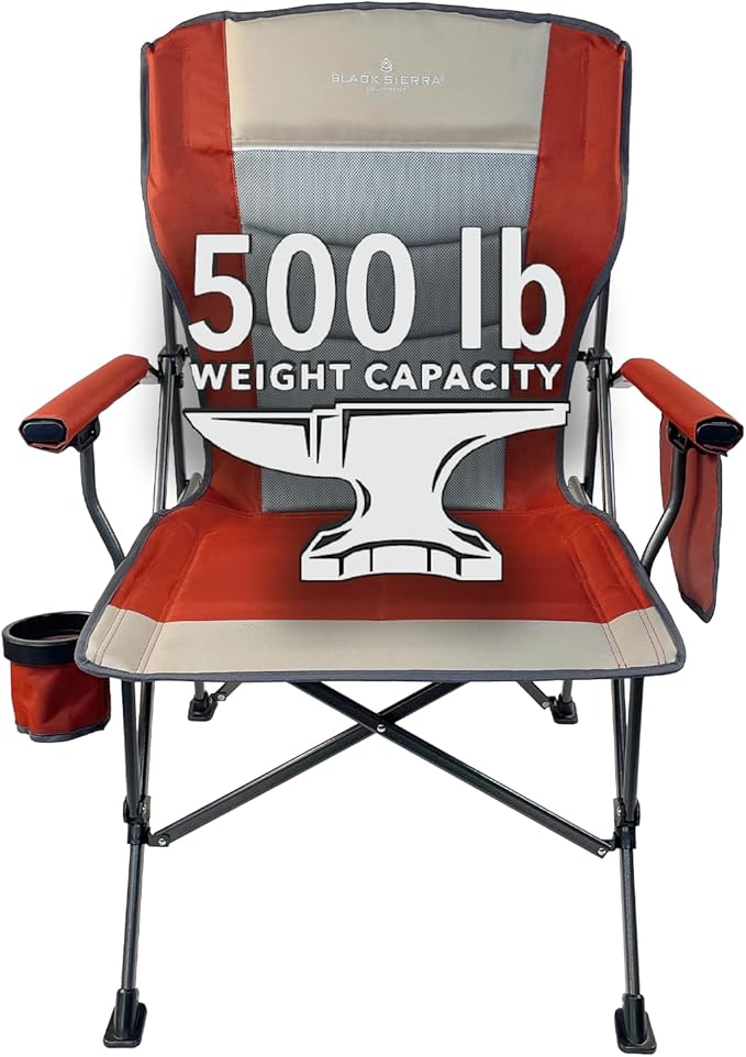 Black Sierra Oversized Camping Chair for Adults – Heavy Duty Folding Lawn & Beach Chair Supports 500 lbs, Hard Arms, Durable Steel Frame, Cup Holder, Portable Outdoor Seat for Tailgating or Patio