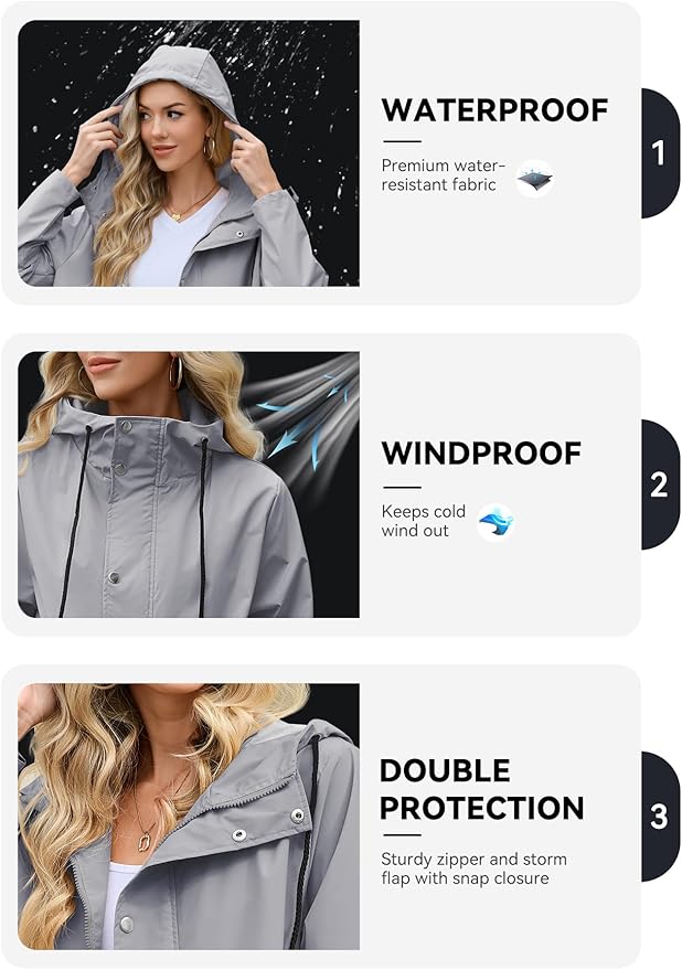Zando Long Packable Rain Jacket Women Waterproof - Raincoat for Women Rain Coat with Hood Lightweight Outdoor Windbreaker
