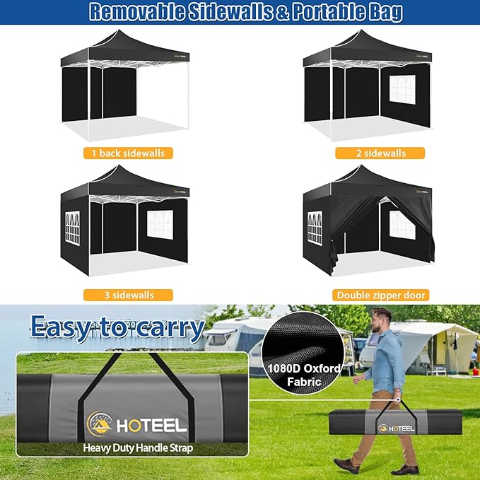 HOTEEL 10x10 Pop up Canopy Tent for Parties, Heavy Duty Easy Setup Tent with 4 Sidewalls, Outdoor Commercial Instant Gazebo for Wedding Event, with Portable Bag & Sand Bags, Black(Hexagonal Frame)