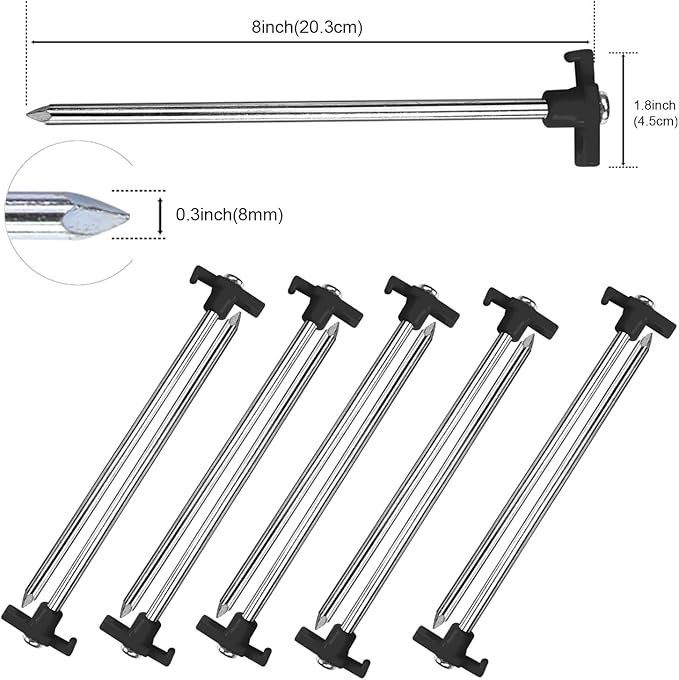 ABCCANOPY 8 Inch Tent Stakes 10 Pcs Non-Rust Metal Ground Anchors, Heavy Duty Spikes with 4 Ropes for Outdoor Camping, Black