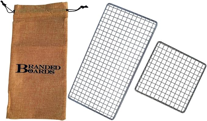 Portable Bushcraft Stainless BBQ Cooking Grill Grate, Bamboo Cutting Board, Burlap Bag, Mini Knife, Fire Starter Kits. Camping, Campfires, Backpacking, Hunting & Fishing Gear