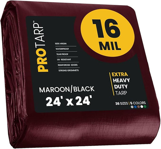 PROTARP Extra Heavy Duty 16 Mil Tarp Cover, Waterproof, UV Resistant, Rip and Tear Proof, Poly Tarpaulin with Reinforced Edges for Roof, Camping, Patio, Pool, Boat. (Maroon/Black 24′ X 24′)
