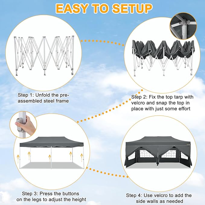 HOTEEL 10x20 Heavy Duty Pop Up Canopy Tent with Sidewalls, Commercial Outdoor Canopy Tents for Parties Event Wedding with Roller Bag, Waterproof & UV 50+, Upgraded Thickened Hexagonal Legs, Gray
