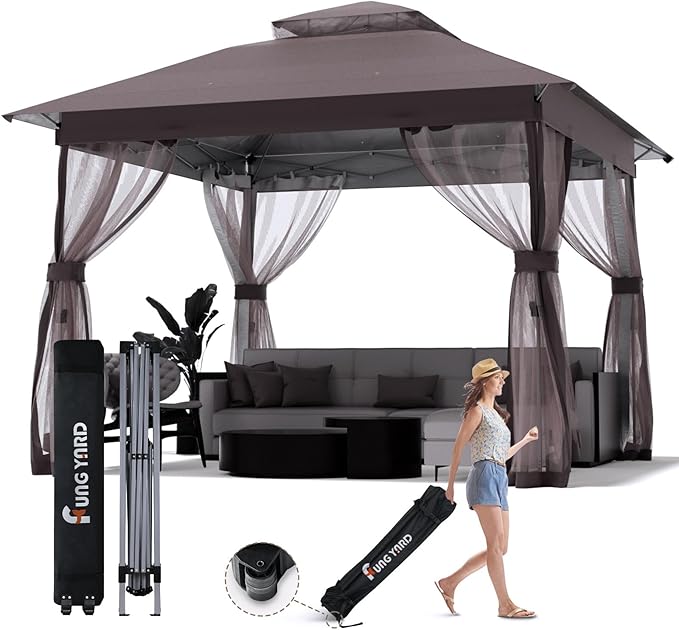 Outdoor Pop Up Gazebo 10x10 - Instant Canopy Tent with Mosquito Nettings, Double Roof Vented Gazebos Tents Shelter for Backyard Shade Party Garden Lawns (Brown, 10x10)