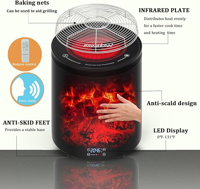 Space Heater Indoor, Portable electric fireplace heaters with 3D Flame Effect, Heating and cooking outdoor use, Remote Control, 1300W Safe and Quiet Far infrared Heate for Office Bedroom Home
