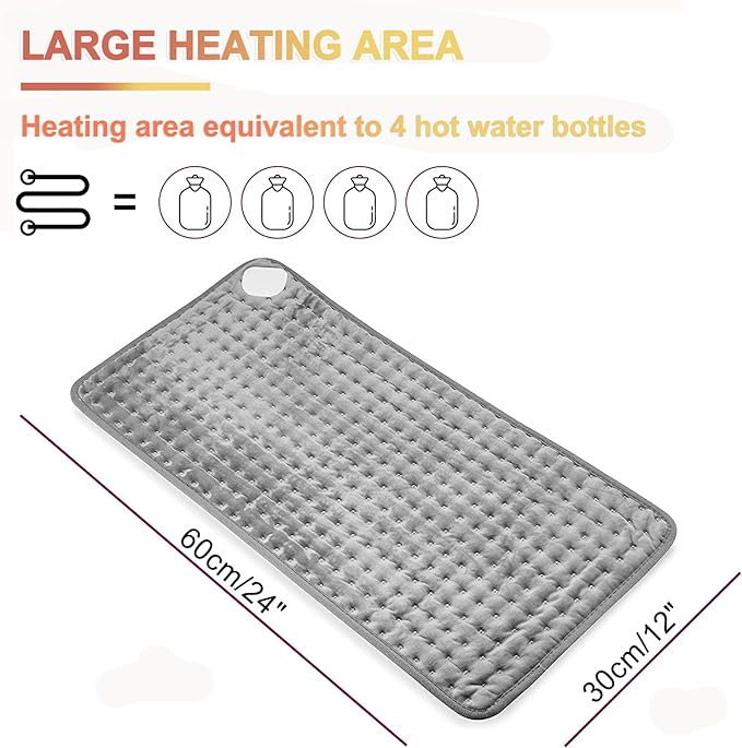 Heating Pad, Electric Heating Pad 24"X12" for Back Neck Shoulder Belly Heating Technology, Ultra-Soft Moist & Dry Therapy Heat Pad with 10 Temperature Settings 3 Timer, Automatic Switch-Off, Grey