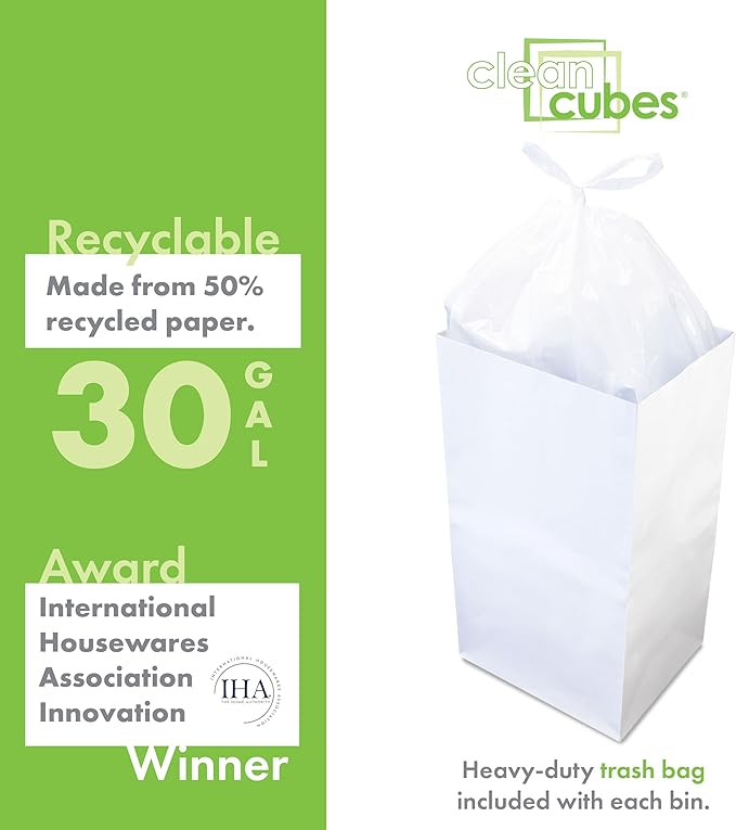 30 Gallon Disposable Pop-Up Trash Cans (3-Pack) with Fitted Bags – Foldable Garbage & Recycling Bins for Parties, Events & Kitchen (White, 30" H x 14" W x 17" D)