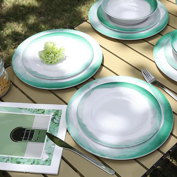 Melamine Dinnerware Sets, 12pcs Plates and Bowls Set, service for 4, Dishwasher Safe, Indoor and Outdoor Use, Green Melamine dishes