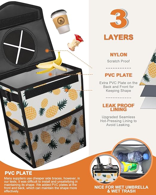 Car Trash Can with Lid, Cute Leakproof Car Trash Garbage Bag Hanging Vehicle Trash Bin Small Portable Automotive Garbage Cans Organizer for Back/Front Seat/Console(2.8 gal,Pineapple Print