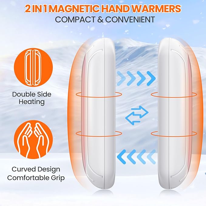 2 Pack Hand Warmers Rechargeable, 2025 New Portable Magnetic Electric with 12hrs Warmth, Double-Sided Heating Pocket Size for Outdoors, Camping - Winter Gifts for Women Men