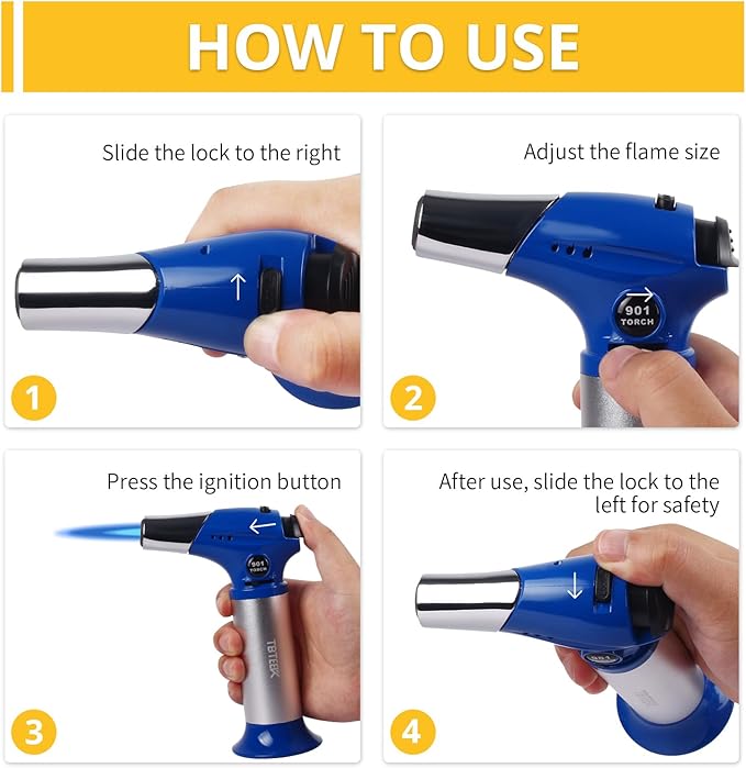 TBTEEK Butane Torch T901, Kitchen Torch Cooking Torch with Safety Lock & Adjustable Flame for Cooking, BBQ, Baking, Brulee, Creme, DIY Soldering(Butane Not Included), Blue