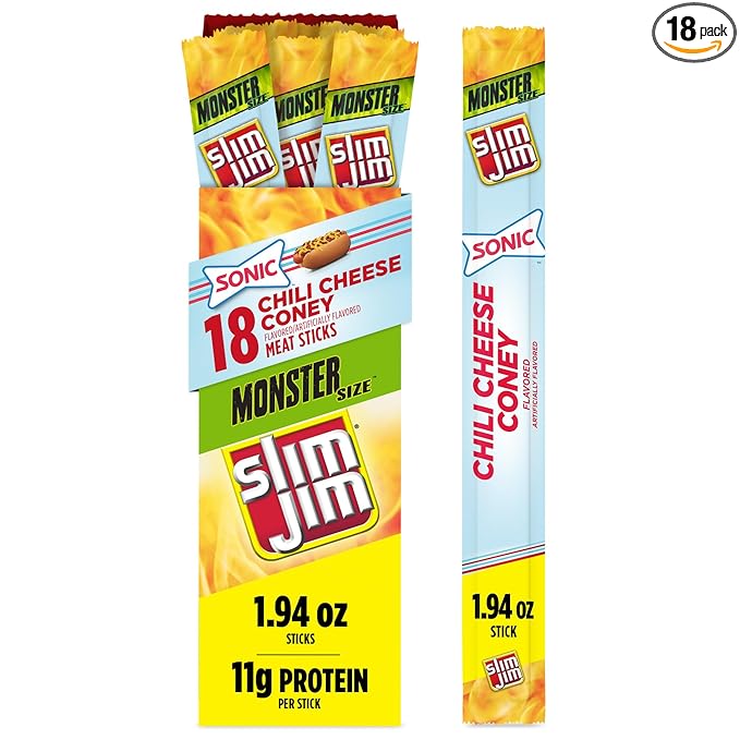 Slim Jim Monster Smoked Meat Sticks, Sonic Chili Cheese Coney Flavor, High Protein, 1.94 oz. (18 Count)