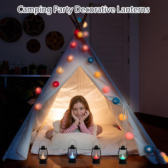 LLQ Small Western Lanterns Decorative with Remote Timer & Color Changing for Table Centerpieces, Small Lanterns Vintage Camping Hanging Lamp Ornaments for Cowboy Wedding Halloween Christmas, 4-Pack