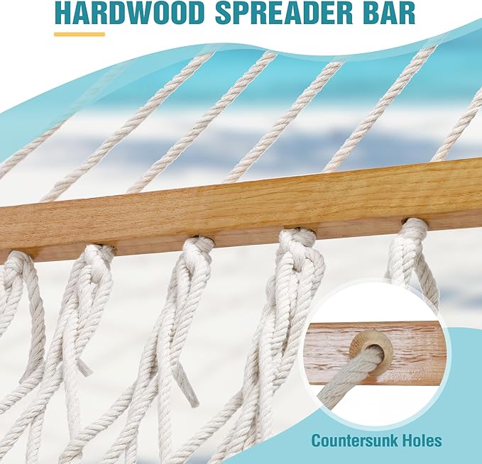 RedSwing Double Hammock for 2 Person,Rope Hammocks for Outside with Wooden Spreader Bars, Includes S-Hooks and Hanging Chains,Capacity 450 lbs