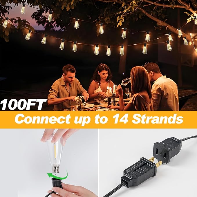 100 FT Commercial Grade Outdoor String Lights with 52 Shatterproof Waterproof LED Edison Bulbs Hanging Lights for Wedding Party Cafe