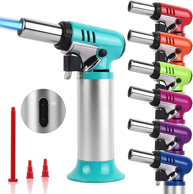 TBTEEK Butane Torch with Fuel Gauge T907, One-hand Operation Kitchen Torch Lighter with Adjustable Flame for BBQ, Baking, Brulee Creme, Crafts and Soldering(Butane Gas Not Included), Aqua