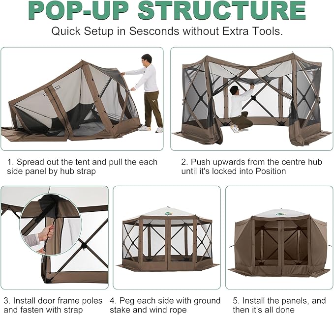 COBIZI 12x12ft Pop up Gazebo Screen Tent Screen House for Camping, Camping Outdoor Screened Gazebo with Sidewalls, Portable Hub Tent with Carrying Bag and Ground Stakes, Brown(Upgraded 2.0)